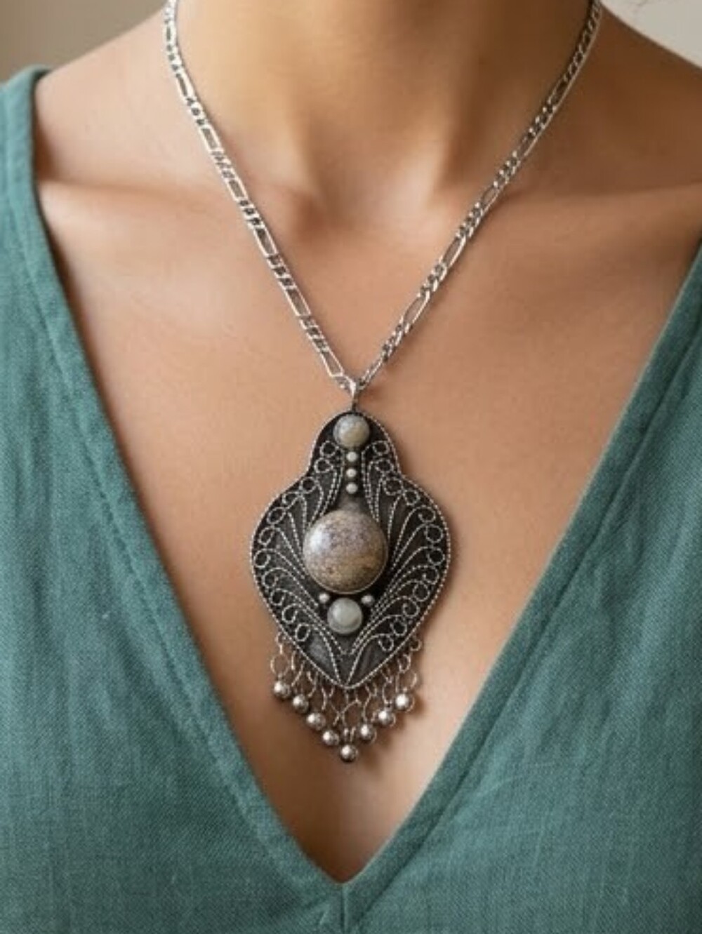 Bohemian Silver-Tone Pendant Necklace with Green, Brown & Multicolor Stones - Picture 4 of 4